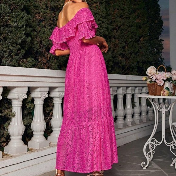 Off Shoulder Ruffle Trim Lace Dress Pink - Picture 3 of 5